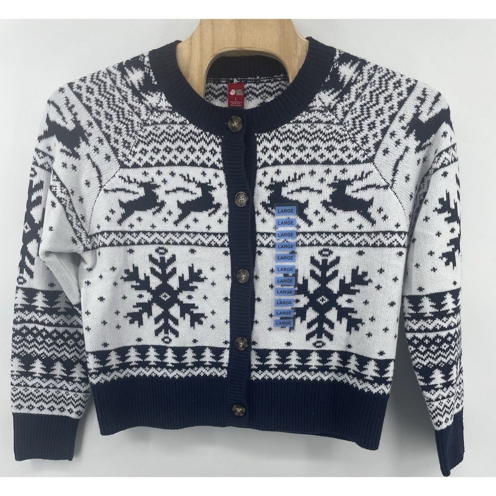 Dec 25th Knit Sweater Ugly Christmas  Womens L Blue White Reindeer Snowflake NWT